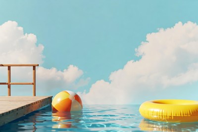 Beach ball and float on pool dock