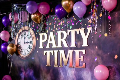 Party Time Background with Balloons and Clock
