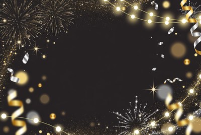 Golden fireworks and ribbons on black