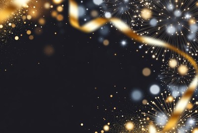 Golden fireworks and ribbon background