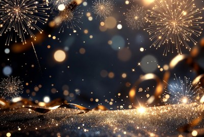 Golden Fireworks and Ribbons Background