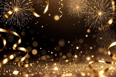 Golden Fireworks and Ribbons Background