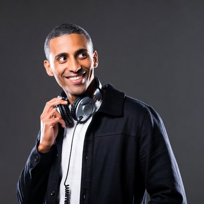 Smiling man wearing headphones