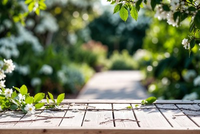 Wooden table overlooking blooming garden path