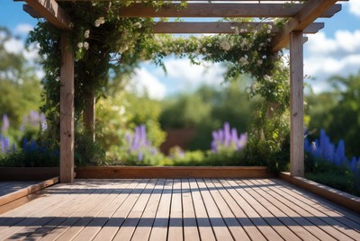 Wooden Pergola with Flowers and Lavender