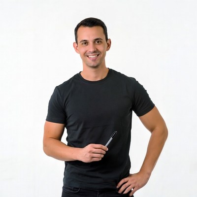 Smiling man holding pen