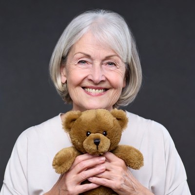 Elderly woman holding teddy bear