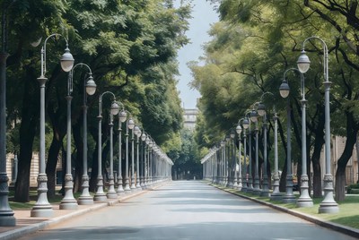 Tree-Lined Street with Street Lamps