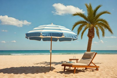 Striped Beach Umbrella and Lounger