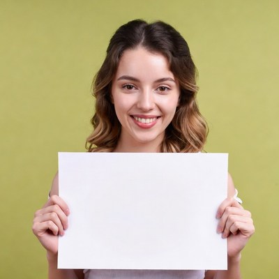 Smiling woman holding blank sign