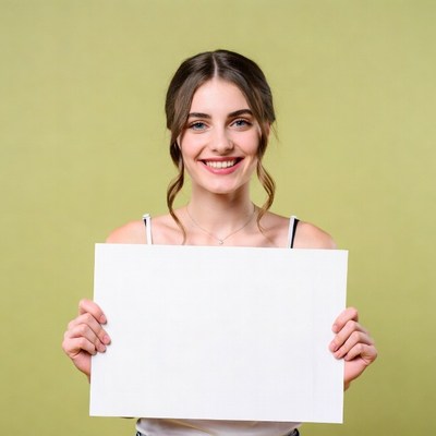 Smiling woman holding blank sign