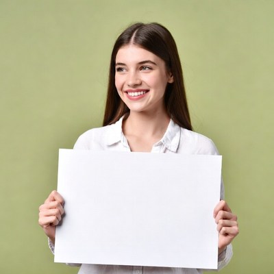 Smiling woman holding blank sign