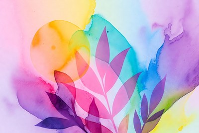 Colorful watercolor leaves and sun