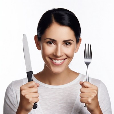 Woman holding knife and fork