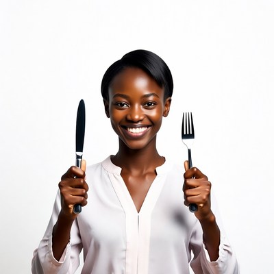 African-American woman holding knife and fork