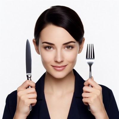 Woman holding knife and fork