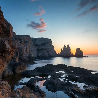 Sunset over rocky cliffs and sea