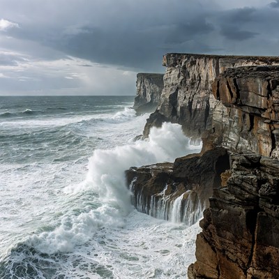 Stormy Ocean Crashing Against Cliffs