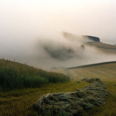 Hay bales in foggy countryside fields