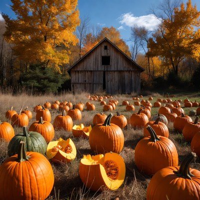 Pumpkins in front of autumn barn