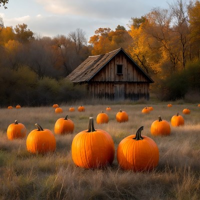 Pumpkins in Grass by Wooden Barn
