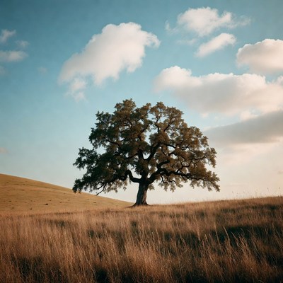 Lone Oak Tree on Grassy Hill