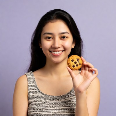 Asian woman holding chocolate chip cookie