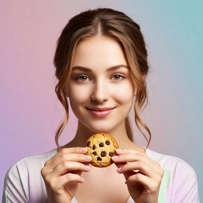 Young woman holding chocolate chip cookie