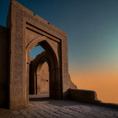 Ancient stone archway at sunset