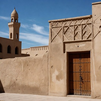 Traditional Arabic Minaret and Wooden Door