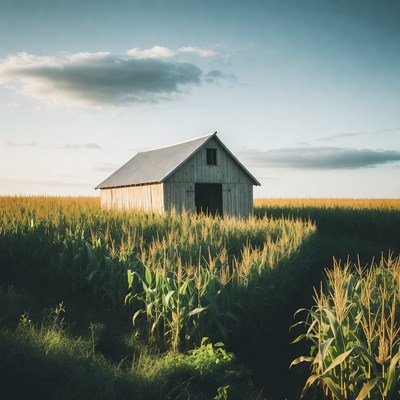 Barn in Corn Field at Sunset