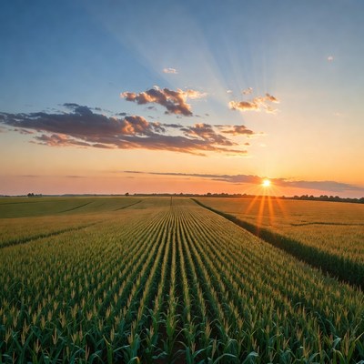 Sunset over cornfield with sun rays