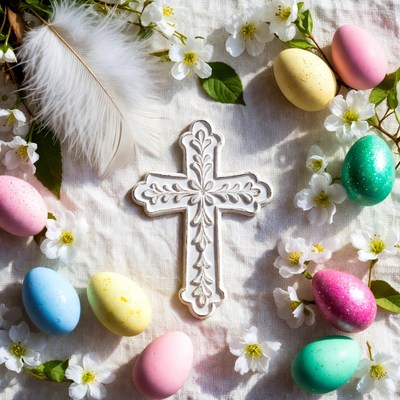 Easter Eggs Cross Feathers Flowers