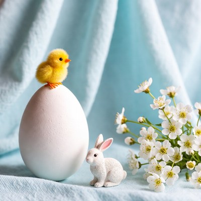 Chick on Egg with Bunny and Flowers