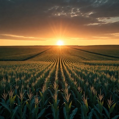 Sunset over cornfield rows