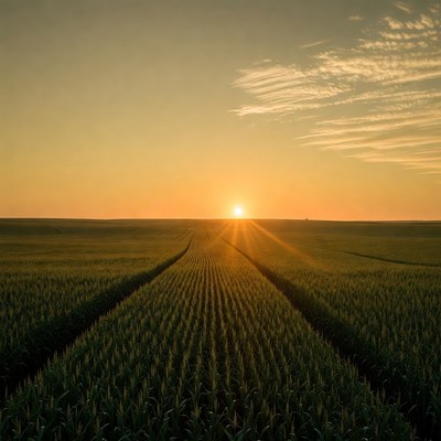 Sunset over cornfield rows