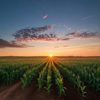 Sun rays over cornfield at sunset
