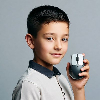 Boy holding computer mouse