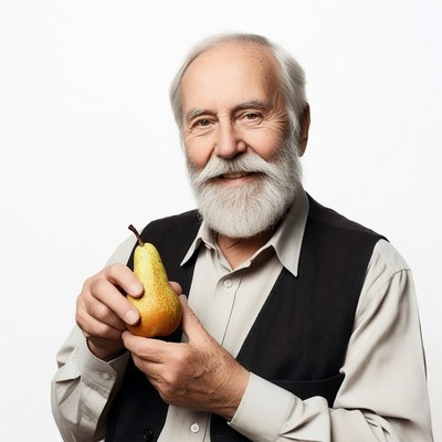 Elderly man holding yellow pear