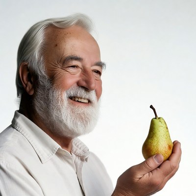 Elderly man holding green pear