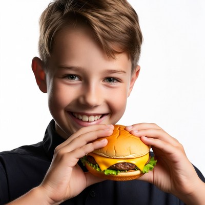 Boy happily eating burger
