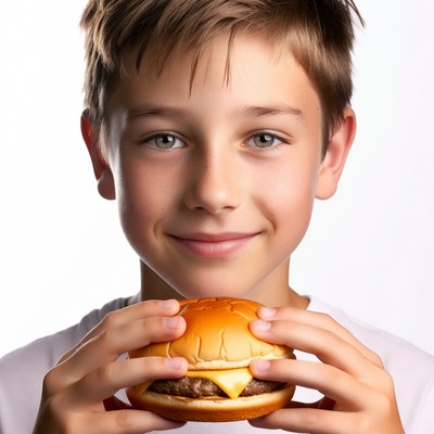 Boy holding cheeseburger