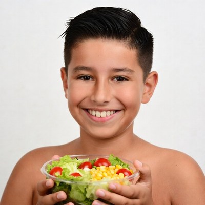 Boy holding salad bowl