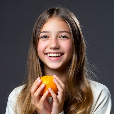 Girl holding orange smiling