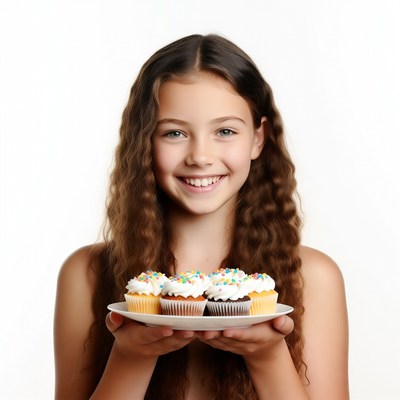 Girl holding plate of cupcakes