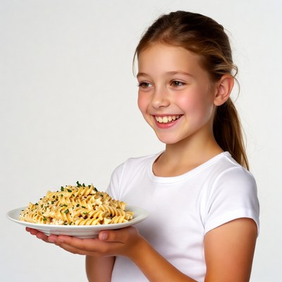 Girl holding pasta plate