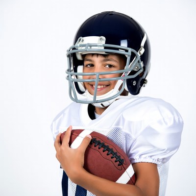 Boy holding football in helmet