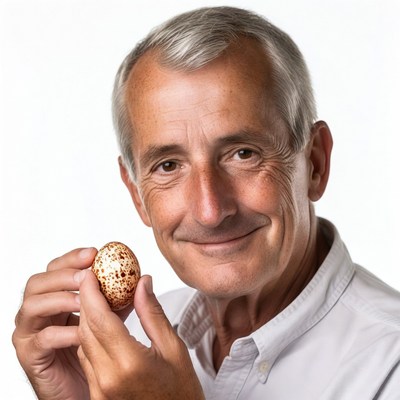 Elderly man holding quail egg