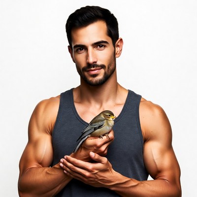 Muscular man holding small bird