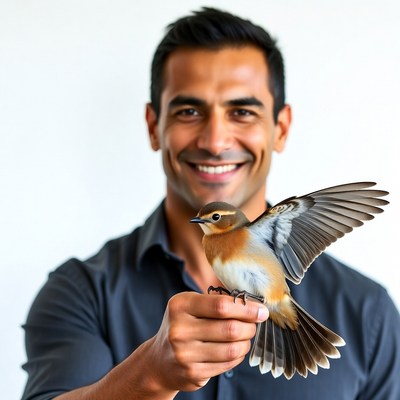 Man holding flying robin bird